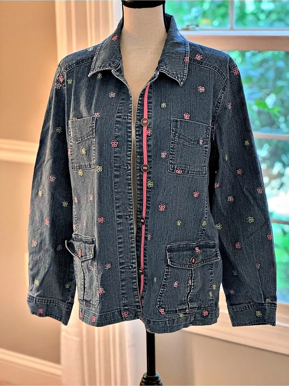 VTG Oversized Denim Jacket with embroidered butterflies size Large #cottage